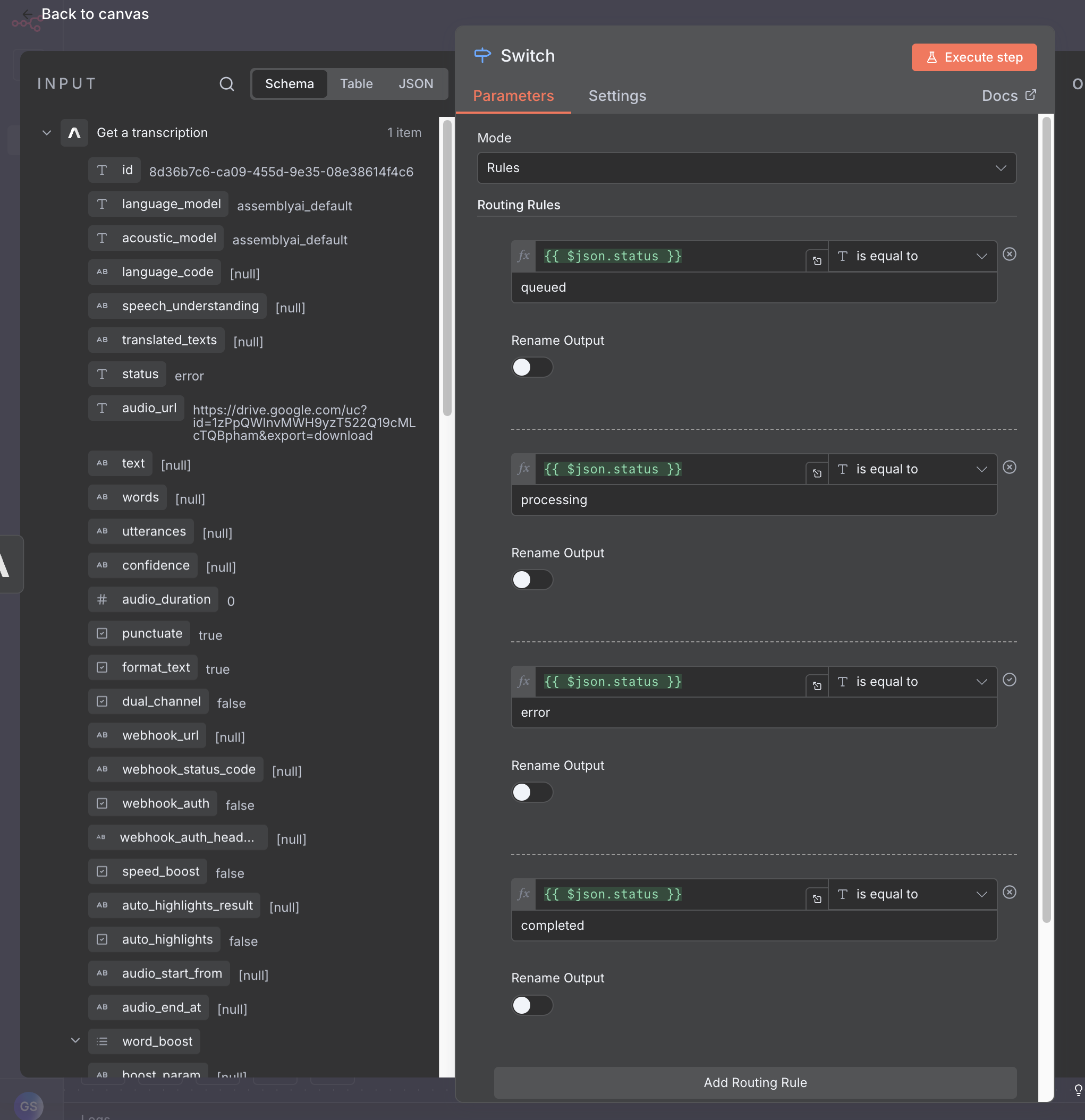 n8n Switch node with routing rules for queued, processing, error, and completed statuses