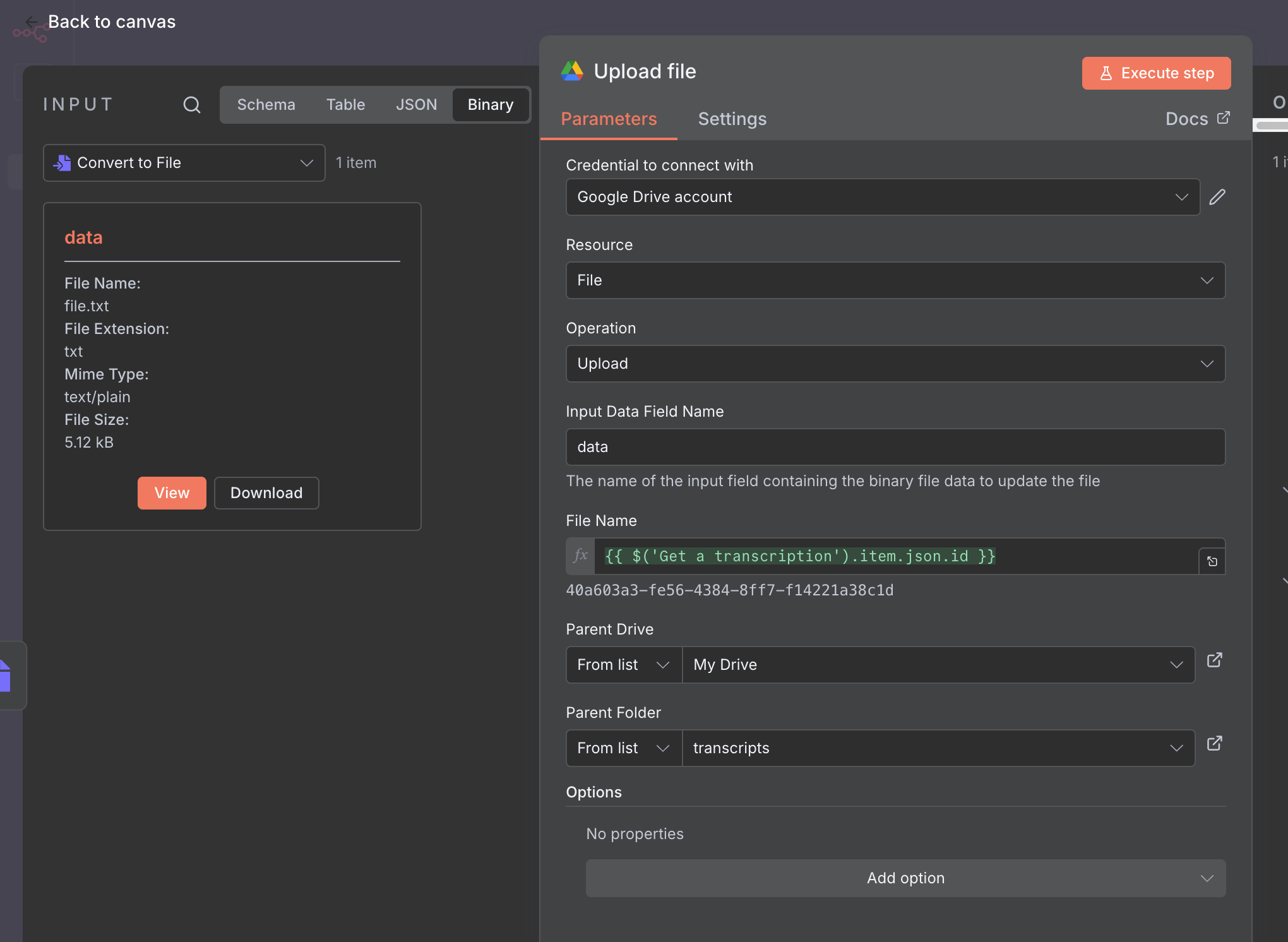 n8n Google Drive Upload file node configured to save the transcript