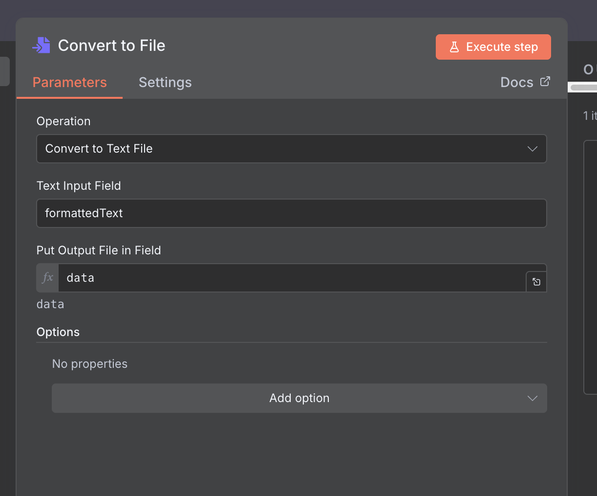 n8n Convert to File node configured to output a text file