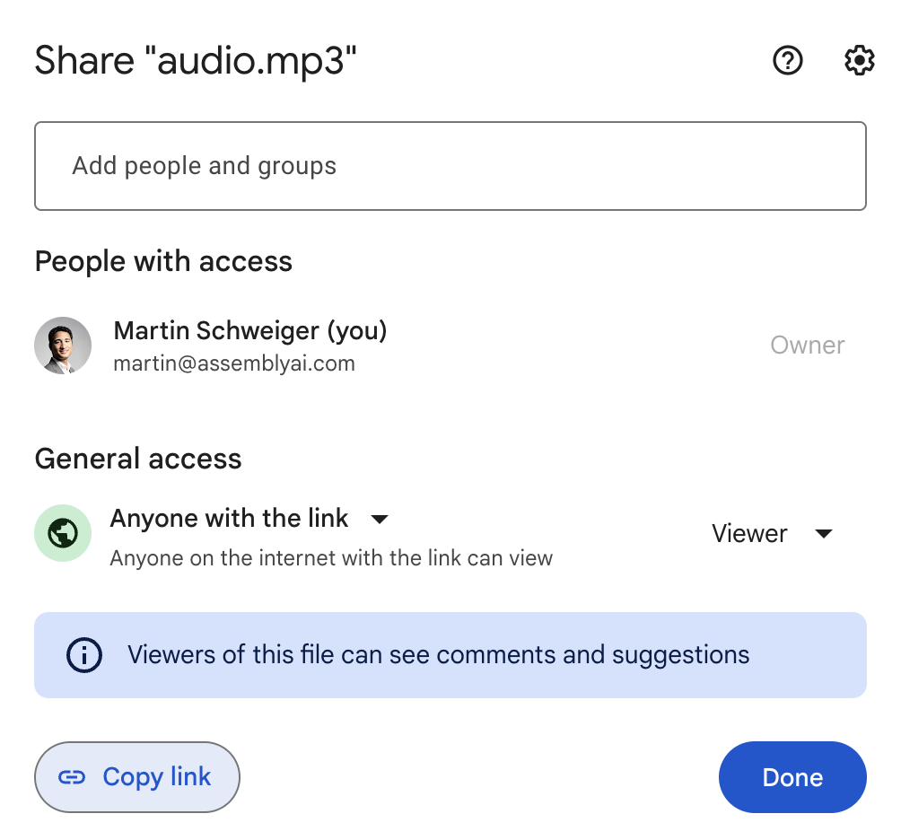 Google Drive Share dialog for audio.mp3 with General access set to Anyone with the link and a Copy link button